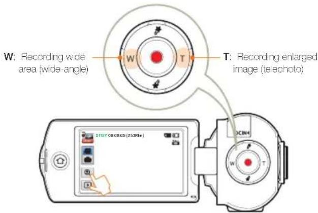 W: Recording wide area (wide-angle) T: Recording enlarged image (ie-epoto)