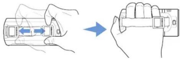 Diagram showing hand positioning of a device into a lock, with blue arrows indicating left and right movement.