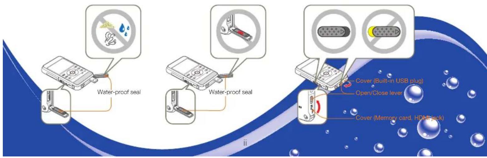 Water-proof seal Water-proof seal Cover (Built-in USB plug) Open/Close lever Cover (Memory card, HDMI jack)