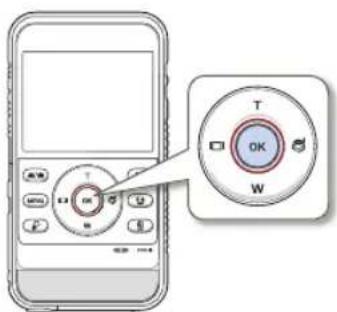 Diagram showing a mobile phone with control buttons and an open control dial labeled T, OK, W