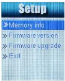 Setup »Memory info »Firmware version »Firmware upgrade »Exit