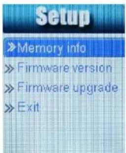 Setup »Memory info »Firmware version »Firmware upgrade »Exit