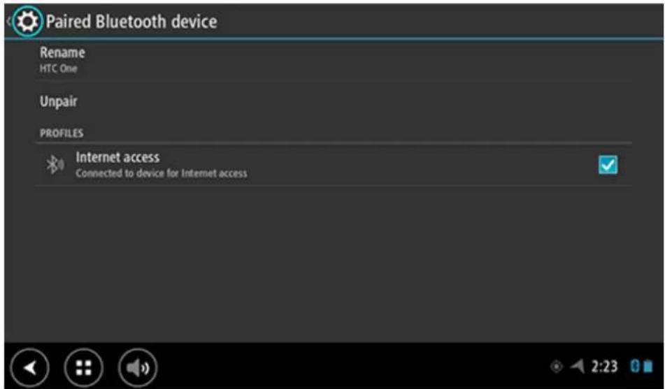 Paired Bluetooth device Rename HTC One Unpair PROFILES Internet access Connected to device for Internet access