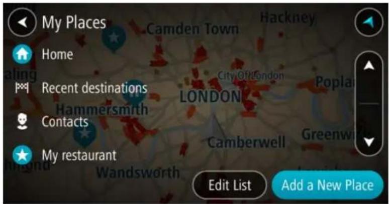 My Places Home Recent destinations Hammersmith Contacts My restaurant Camden Town Hackney City Of London London Camberwell Greenwich Edit List Add a New Place