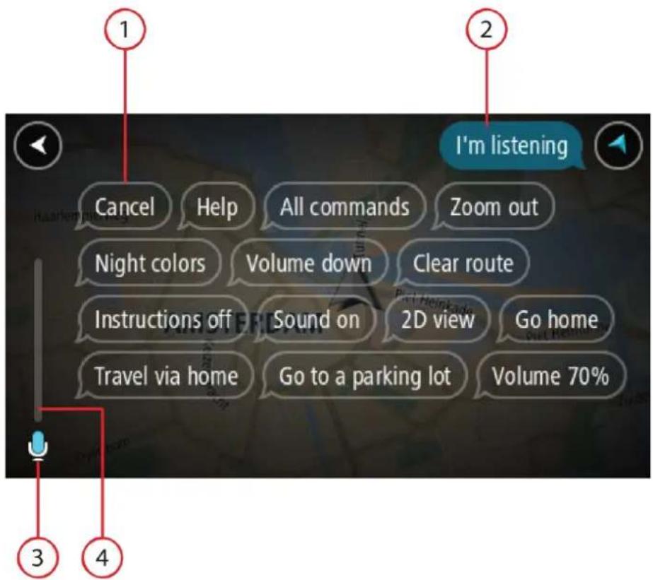 I'm listening Cancel Help All commands Zoom out Night colors Volume down Clear route Instructions off Sound on 2D view Go home Travel via home Go to a parking lot Volume 70%