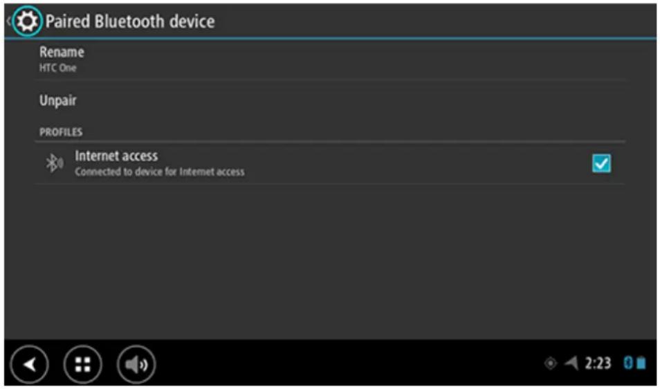 Paired Bluetooth device Rename HTC One Unpair PROFILES Internet access Connected to device for Internet access
