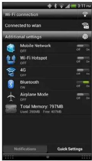Wi-Fi connection Connected to wlan Additional settings Mobile Network OFF Off On Wi-Fi Hotspot OFF Off On 4G OFF Off On Bluetooth ON Off On Airplane Mode OFF Off On Total Memory: 797MB Use: 390MB Free: 407MB Notifications Quick Settings