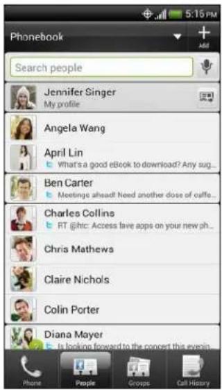 Phonebook Search people Jennifer Singer My profile Angela Wang April Lin What's a good eBook to download? Any sug... Ben Carter Meetings ahead! Need another dose of cuffe... Charles Collins RT @hic: Access love apps on your new ph... Chris Mathews Claire Nichols Colin Porter Diana Mayer Is looking forward to the concert this evening. Phone People Groups Call History