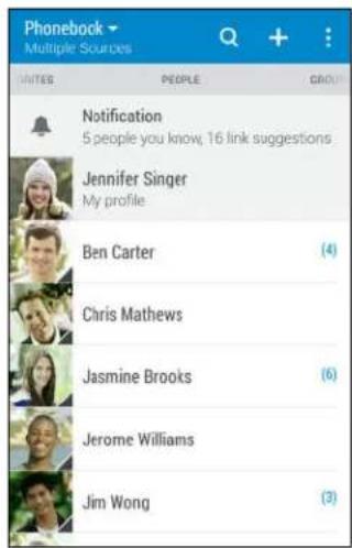 Phonebook Multiple Sources NOTES PEOPLE GROUP Notification 5 people you know, 16 link suggestions Jennifer Singer My profile Ben Carter (4) Chris Mathews Jasmine Brooks (6) Jerome Williams Jim Wong (3)