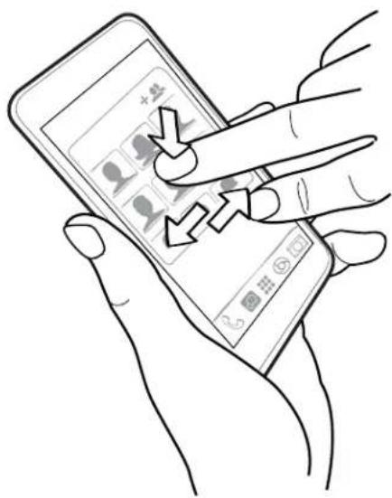 Illustration of a hand interacting with a smartphone displaying app interface elements, showing a downward arrow and navigation buttons.