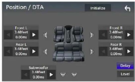 Position / DTA Initialize Front L 3.48feet 0.00ms Rear L 3.48feet 0.00ms Subwoofer 3.48feet 0.00ms Front R 3.48feet 0.00ms Rear R 3.48feet 0.00ms Delay Level