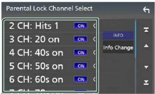 Parental Lock Channel Select 2 CH: Hits 1 3 CH: 20 on 4 CH: 40s on 5 CH: 50s on 6 CH: 60s on 7 CH: 70 ON ON ON ON INFO Info Change