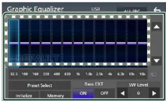 Graphic Equalizer USB ALL SPC 62.5 100 160 250 400 630 1k 1.5k 2.5k 4k 6.3k 10k 18k Preset Select Bass EXT SW Level Initialize Memory ON OFF 0