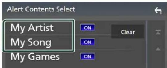 Alert Contents Select My Artist My Song My Games ON Clear ON ON