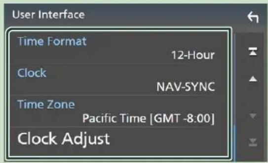 User Interface Time Format 12-Hour Clock NAV-SYNC Time Zone Pacific Time [GMT -8:00] Clock Adjust