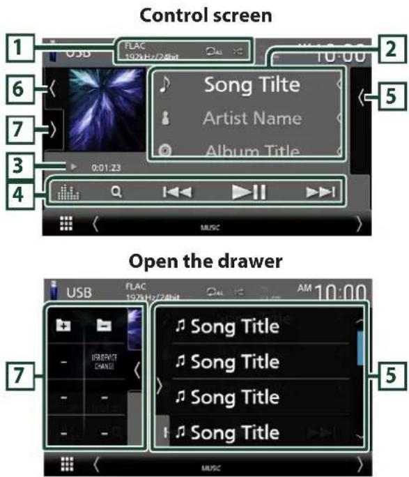 Control screen 1 USB FLAC 192kHz/24bit 2 6 7 3 4 0:01:23 Song Tiltte Artist Name Album Title 5 Open the drawer USB FLAC 192kHz/24bit AM 10:00 7 - - - - - - - - - - - - - - - - - - - - - - - - - - - - - -