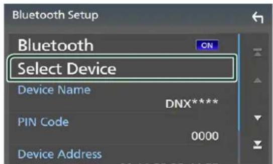 Bluetooth Setup Bluetooth ON Select Device Device Name DNX**** PIN Code 0000 Device Address