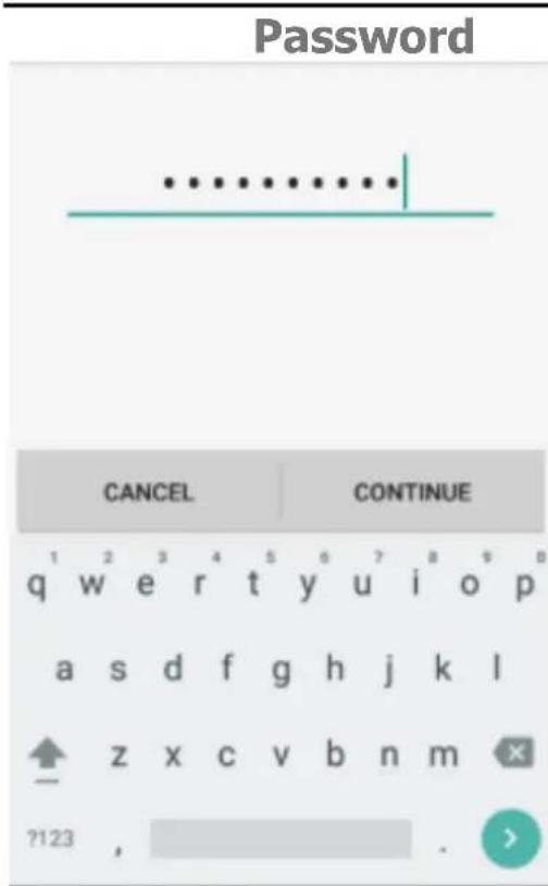 Password CANCEL CONTINUE q w e r t y u i o p a s d f g h j k l z x c v b n m ?123 , >