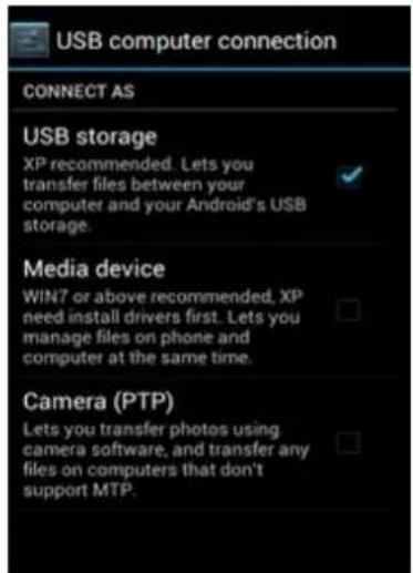 USB computer connection CONNECT AS USB storage XP recommended. Lets you transfer files between your computer and your Android's USB storage. Media device WIN7 or above recommended, XP need install drivers first. Let's you manage files on phone and computer at the same time. Camera (PTP) Lets you transfer photos using camera software, and transfer any files on computers that don't support MTP.