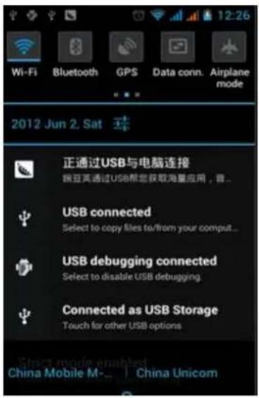 2012 Jun 2. Sat 正通过USB与电脑连接 瑞亚英通过USB帮您获取海量应用,音... USB connected Select to copy files to/from your comput... USB debugging connected Select to disable USB debugging Connected as USB Storage Touch for other USB options China Mobile M- | China Unicom