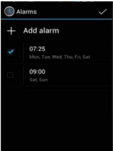 Alarms + Add alarm 07:25 Mon, Tue, Wed, Thu, Fri, Sat 09:00 Sat, Sun