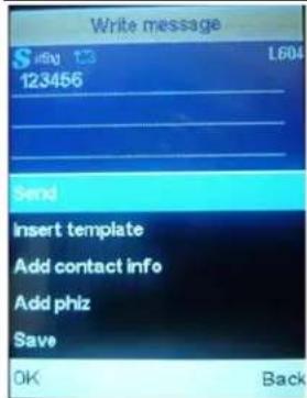 Write message Siting 13 L604 123456 Send Insert template Add contact info Add phiz Save OK Back