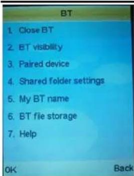 BT 1. Close BT 2. BT visibility 3. Paired device 4. Shared folder settings 5. My BT name 6. BT file storage 7. Help OK Back