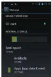 STORAGE COMPLETE WHITE DISK SD card INTERNAL STORAGE Total space 107MB Available 107MB Apps (app data & medi 20.7MB)
