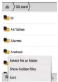 SD card tp Air/Talies Alarms Android Select file or folder Show hidden files Sort
