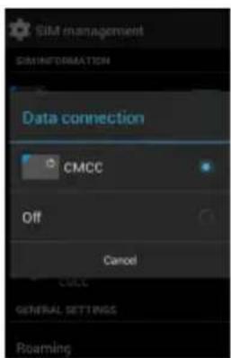 SIM management DIMINFORMATION Data connection CMCC Off Cancel GENERAL SETTINGS Roaming