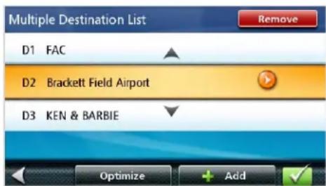 Multiple Destination List D1 FAC D2 Brackett Field Airport D3 KEN & BARBIE Optimize Add