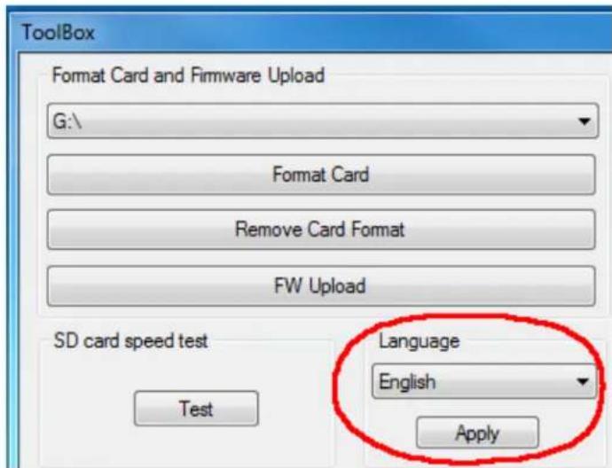 ToolBox Format Card and Firmware Upload G:\ Format Card Remove Card Format FW Upload SD card speed test Test Language English Apply