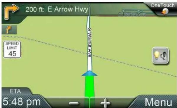 200 ft: E Arrow Hwy OneTouch SWEWAL AVE SPEED LIMIT 45 ETA 5:48 pm Menu