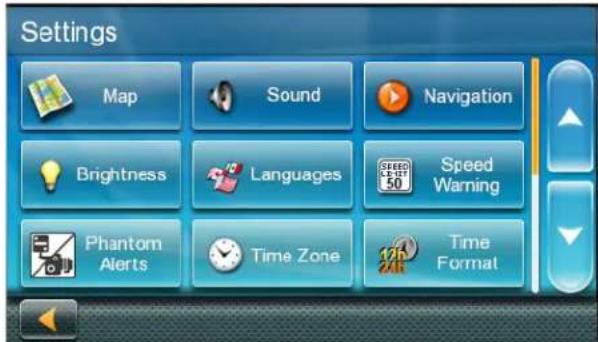 Settings Map Sound Navigation Brightness Languages Speed Warning Phantom Alerts Time Zone 12h 24h Time Format