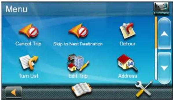 Menu Cancel Trip Skip to Next Destination Detour Turn List Edit Trip Address