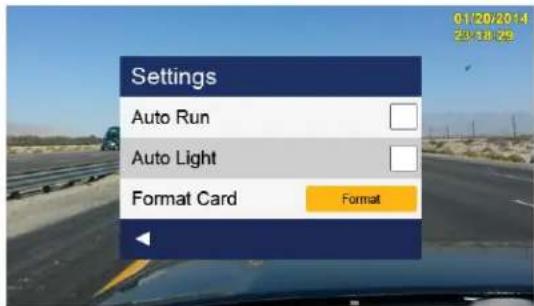 Settings Auto Run Auto Light Format Card Format 01/20/2014 23/18/29