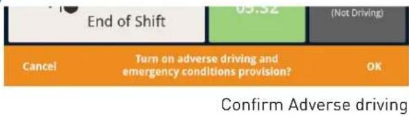 End of Shift 05.32 (Not Driving) Cancel Turn on adverse driving and emergency conditions provision? OK Confirm Adverse driving