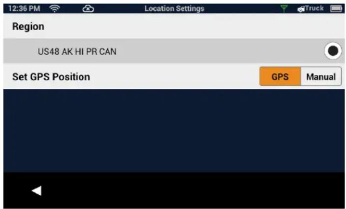 12:36 PM Location Settings Truck Region US48 AK HI PR CAN Set GPS Position GPS Manual