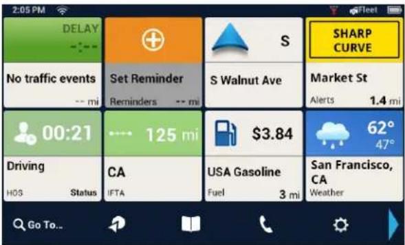 2:05 PM DELAY No traffic events -- mi Set Reminder Reminders -- mi S Walnut Ave Market St Alerts 1.4 mi 00:21 Driving HOS Status CA IFTA USA Gasoline Fuel 3 mi San Francisco, CA Weather SHARP CURVE 62° 47° Go To...