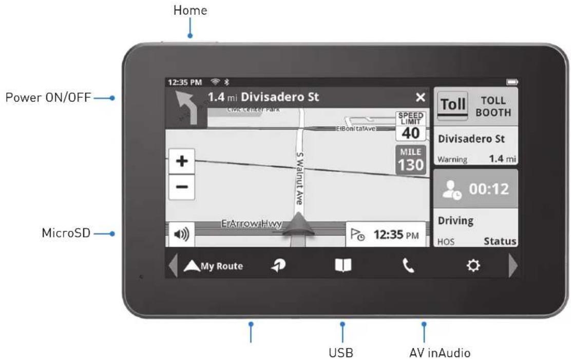 Home Power ON/OFF MicroSD 12:35 PM 1.4 mi Divisadero St Civic Center Park SPEED LIMIT 40 EIBonitaAve MILE 130 S Walnut Ave + - ErArrowaHwy 12:35 PM Toll BOOTH Divisadero St Warning 1.4 mi 00:12 Driving HOS Status My Route USB AV inAudio