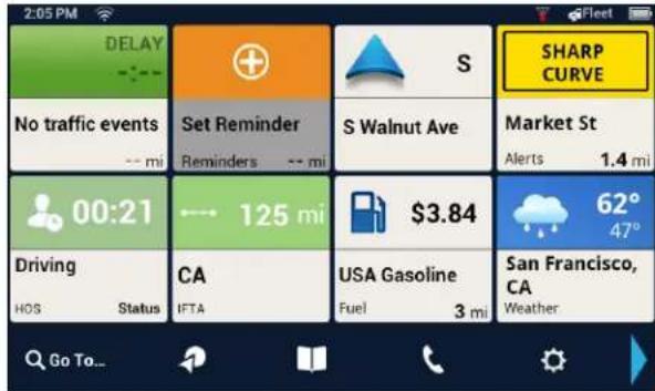2:05 PM DELAY No traffic events -- mi Set Reminder Reminders -- mi S Walnut Ave Market St Alerts 1.4 mi 00:21 Driving HOS Status CA IFTA USA Gasoline Fuel 3 mi San Francisco, CA Weather SHARP CURVE 62° 47° Go To...