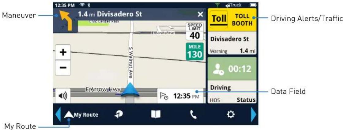12:35 PM 1.4 mi Divisadero St CWC Center Park SPEED LIMIT 40 ElBonitaAve MILE 130 Swainut Ave + - ErArrowahwy 12:35 PM Truck Toll TOLL BOOTH Driving Alerts/Traffic Divisadero St Warning 1.4 mi 00:12 Driving HOS Status Data Field My Route My Route