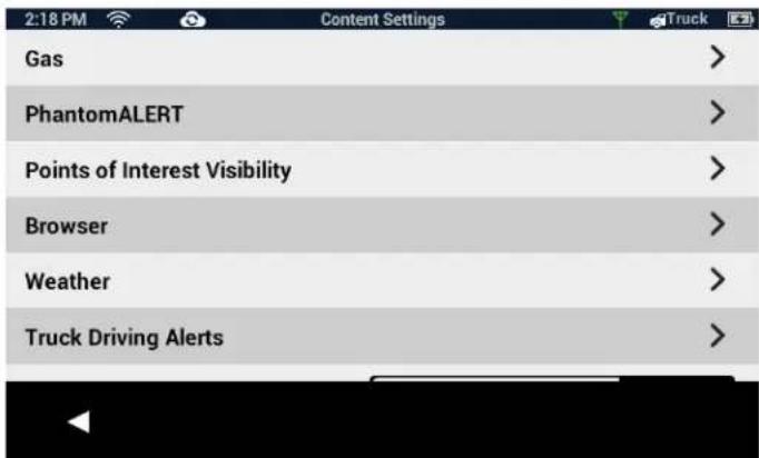 2:18 PM Content Settings Gas PhantomALERT Points of Interest Visibility Browser Weather Truck Driving Alerts
