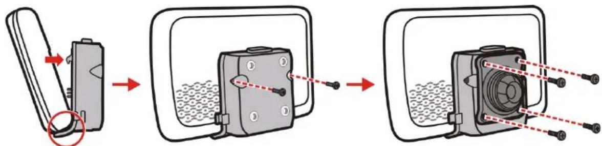 Diagram illustrating the step-by-step assembly of a device's seatbelt mechanism, showing disassembly and mounting steps.
