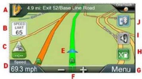 4.9 ml: Exit 52/Base Line Road A B C D E Speed 69.3 mph F Menu G I J K L M N O P Q R S T U V W X Y Z A B C D