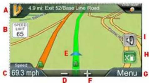 A 4.9 mi: Exit 52/Base Line Road B SPEED LIMIT 65 E Speed C 69.3 mph D F Menu G I H D
