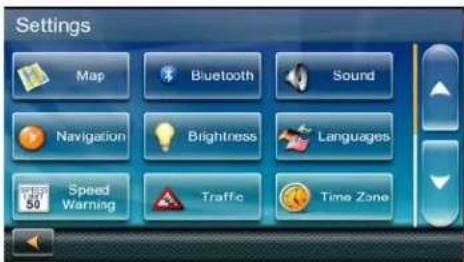 Settings Map Bluetooth Sound Navigation Brightness Languages Speed Warning Traffic Time Zone