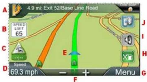 4.9 mi: Exit 52/Base Line Road A B SPEED LIMIT 65 C Speed 69.3 mph E F Menu G J I H D