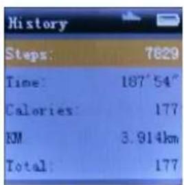History Steps: 7629 Time: 187'54" Calories: 177 KM 3.914km Total: 177