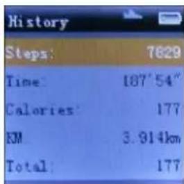 History Steps: 7629 Time: 187'54" Calories: 177 KM 3.914km Total: 177